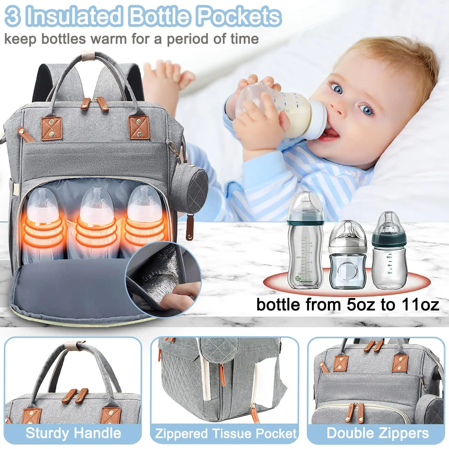 Bolsa de pañales Mochila Bolsa de bebé, Bolsa de pañales para bebé niña niño para papá mamá con almohadilla, Bolsas de pañales grandes de viaje con estuche para chupete