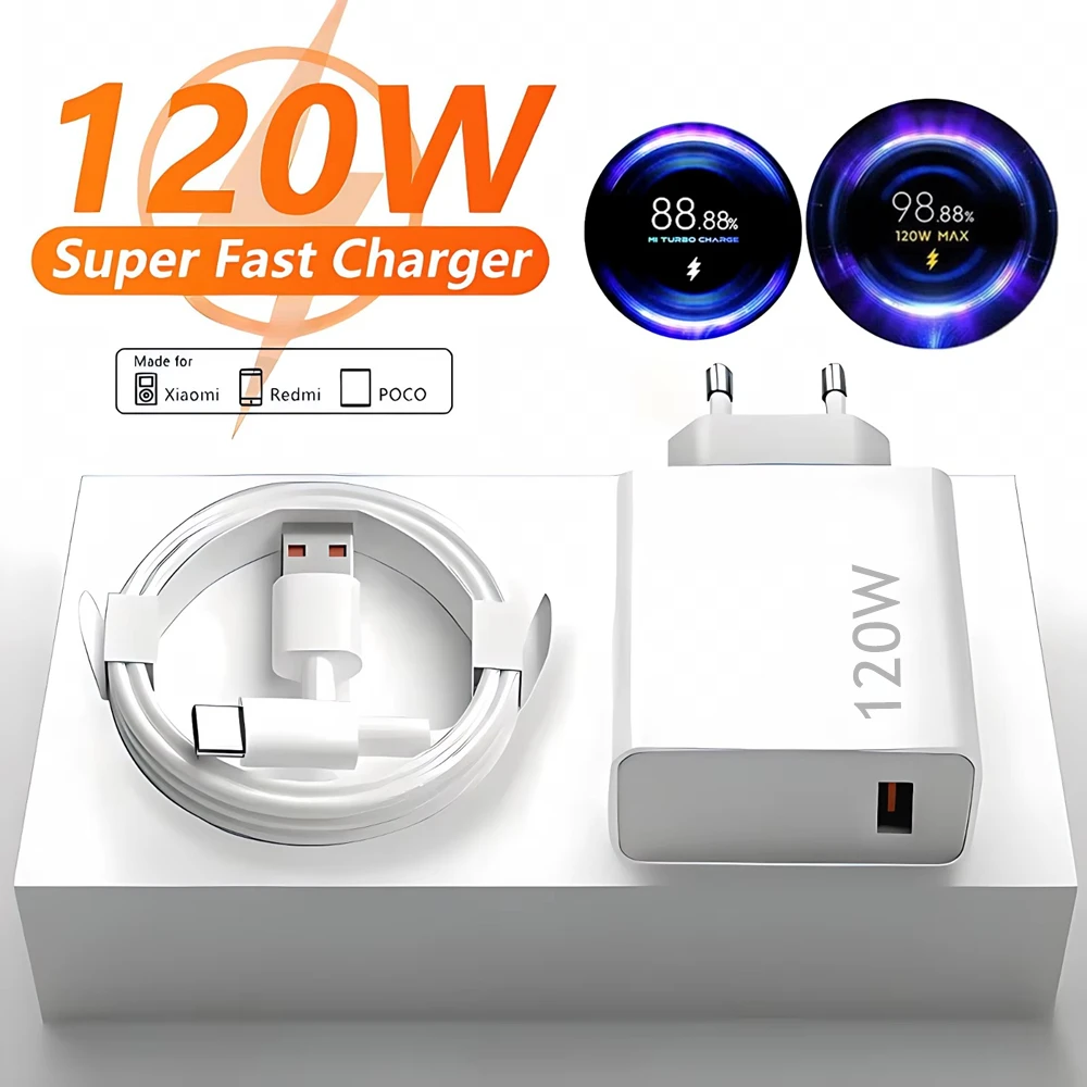 Cargador de pared USB rápido 6A 120W EU para Xiaomi 11 12 13 14 15 Ultra Redmi Note 11T 12 13 POCO F6 X5 Pro, cable de carga turbo tipo C