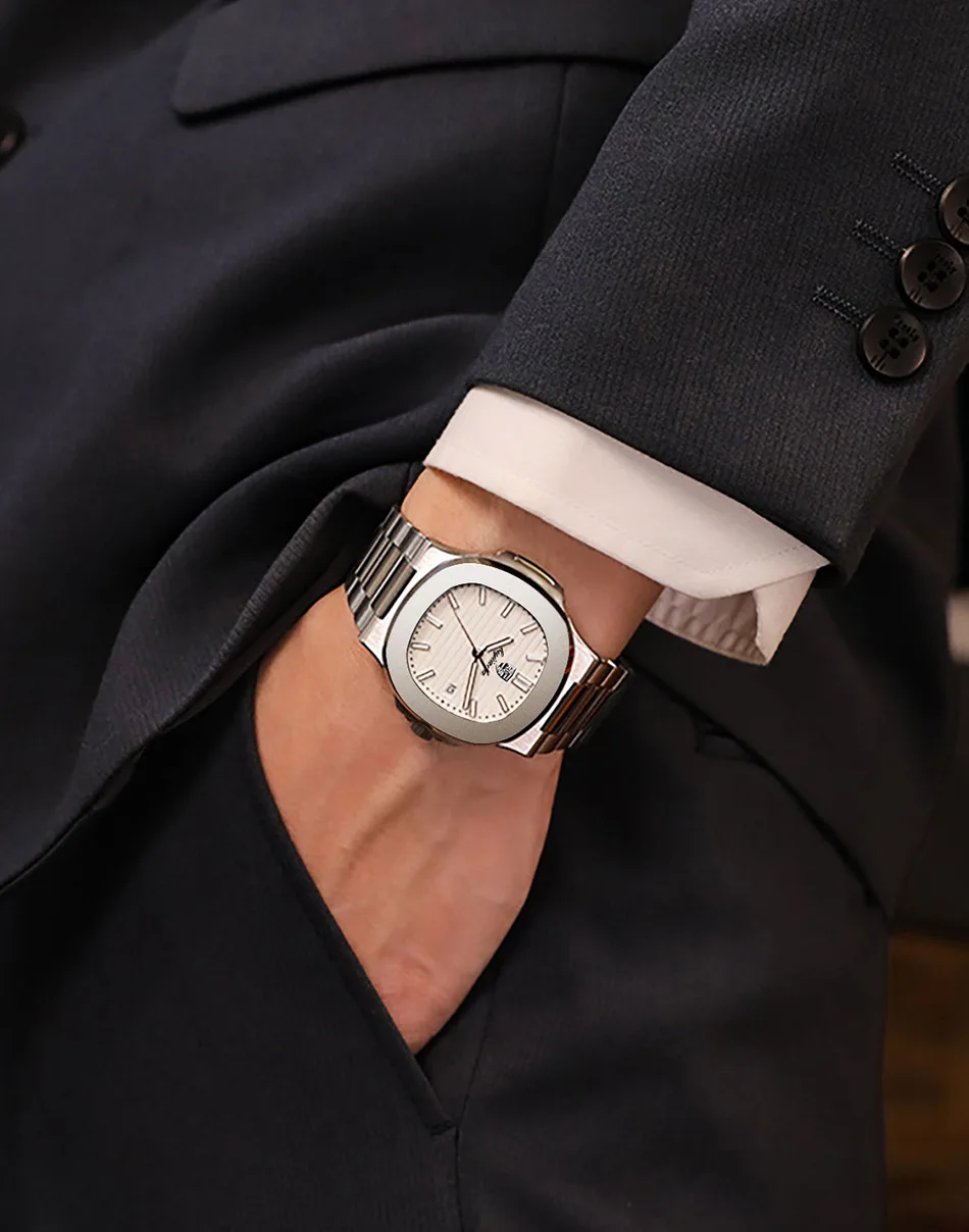Reloj de Pulsera de Cuarzo Cuadrado de Negocios de Lujo de Moda, Diseño Clásico de Esfera con Rayas y Correa de Acero Inoxidable para Hombre, Relogio