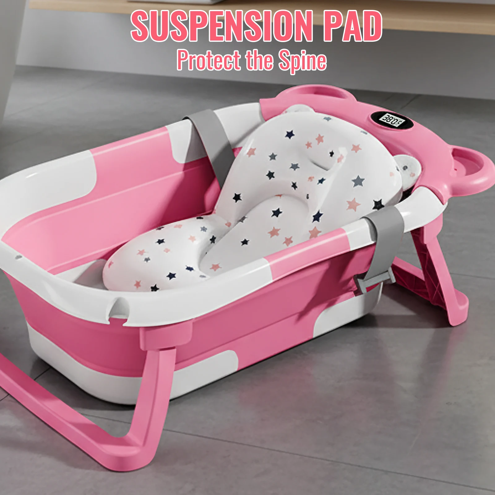 Bañera Plegable para Bebé, Bañera Grande para Bebés con Termómetro y Tapete Antideslizante para Recién Nacidos y Niños Pequeños, Artículos Esenciales para un Baño Seguro, Gris/Rosa
