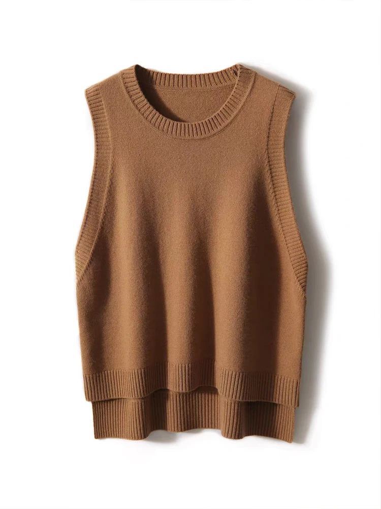 Nueva moda 100% de lana merina para mujer, suéter, chaleco, Otoño Invierno, prendas de punto para mujer, jersey liso, ropa de Cachemira sin mangas, Tops