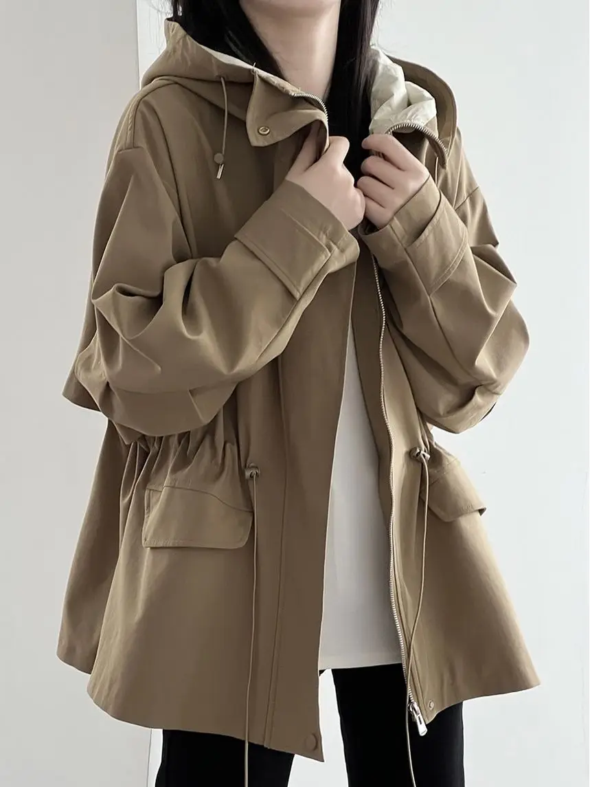 Gabardina con capucha de algodón caqui para mujer, abrigo corto nuevo de otoño e invierno, Top holgado informal Retro