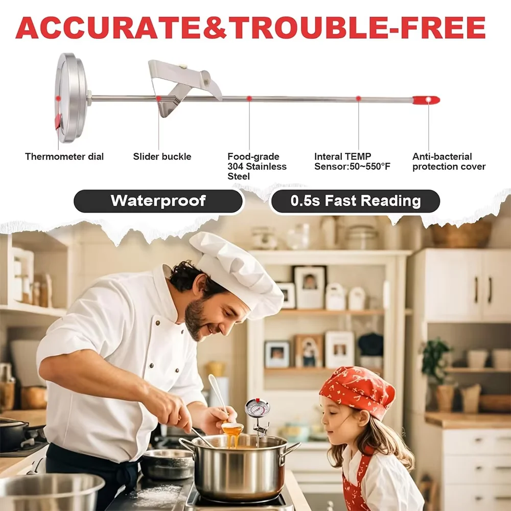 Termómetro de Cocina para Freír con Sonda de Acero Inoxidable, Lectura Instantánea, Termómetro de Aceite para Freír, Termómetro de Cocina con Dial