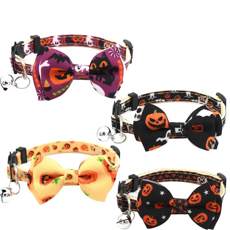 Collar para cachorro y gatito, correa con hebilla de seguridad ajustable, pajarita para Chihuahua, suministros para mascotas, Collar para gato feliz Halloween con lazo de campana