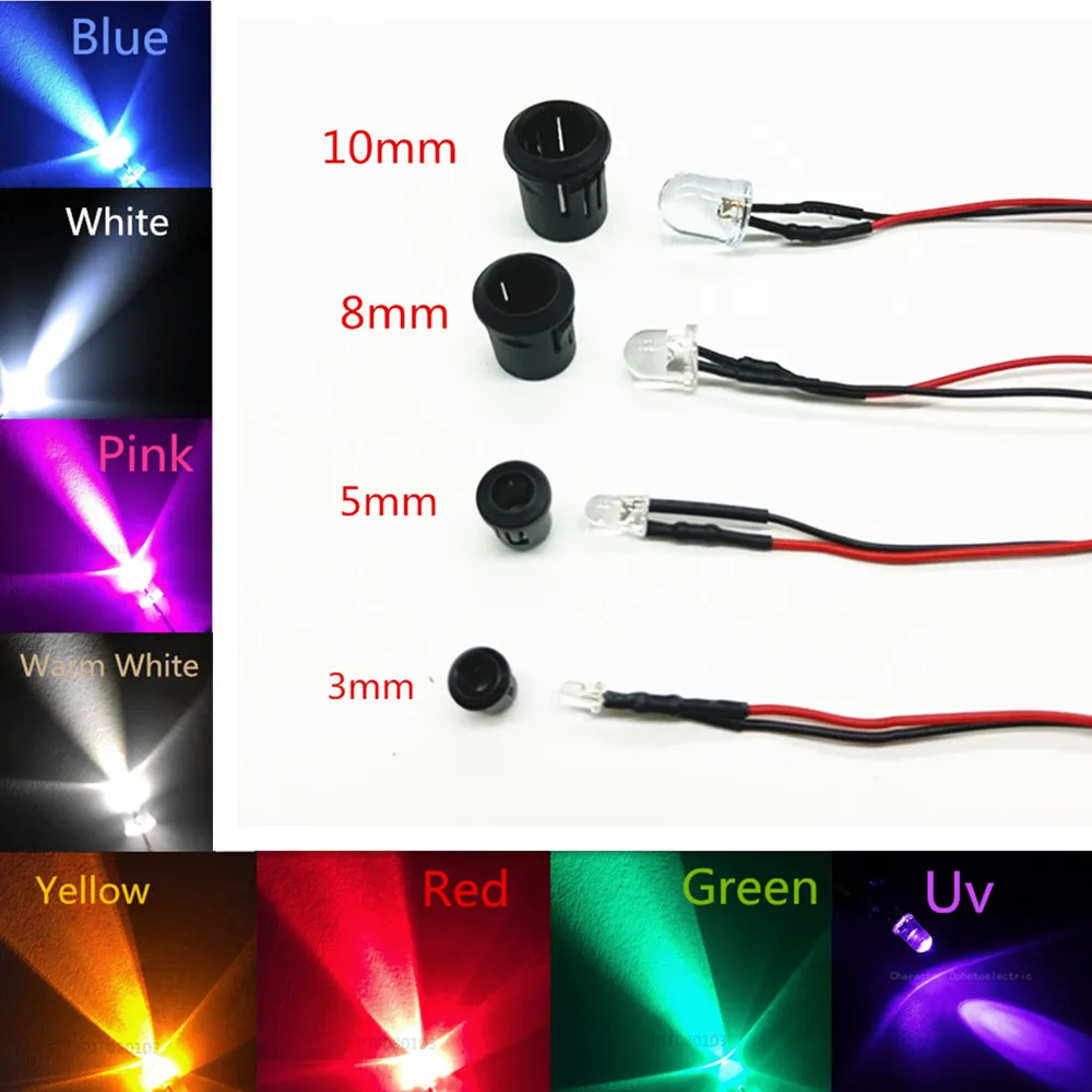 20 piezas diodos LED transparentes DC3V 5V 12V 24V 3MM 5MM 10MM para precable rojo/verde/azul/amarillo/UV/naranja/rosa/cálido/blanco/RGB