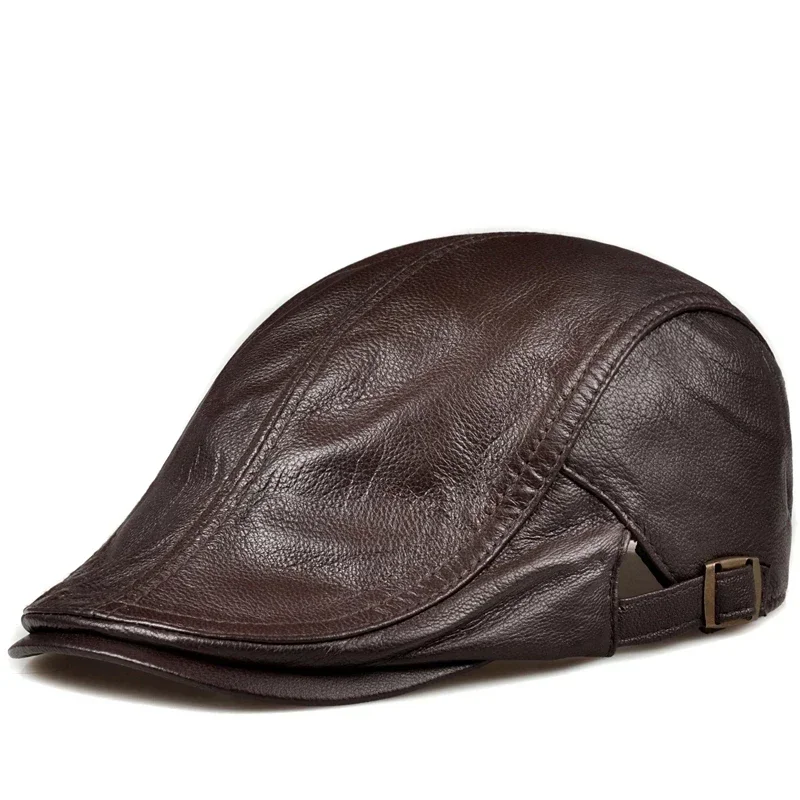 Boina de pico de pato de cuero genuino Unisex para exteriores, boinas finas, sombreros para hombres/mujeres, ocio, negro/marrón, 54-61cm, capó de taxista ajustado