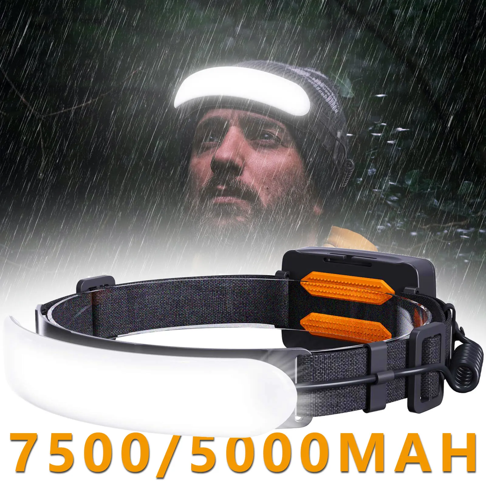 230 °   Linterna frontal de haz ancho de 5000mah, linterna frontal recargable de larga duración de 7500mAh para exteriores y emergencias