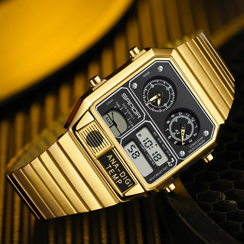 Reloj electrónico SANDA para hombre, reloj de pulsera Digital con banda cuadrada de acero, cronómetro de medición de temperatura, reloj multifuncional con sincronización