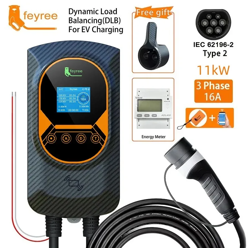 Cargador Feyree para Vehículos Eléctricos Tipo 2, Cable de 32A 7.6kW con Balanceo Dinámico de Carga, Estación de Carga EVSE con Función de Aplicación, 11kW 22kW para Autos Eléctricos