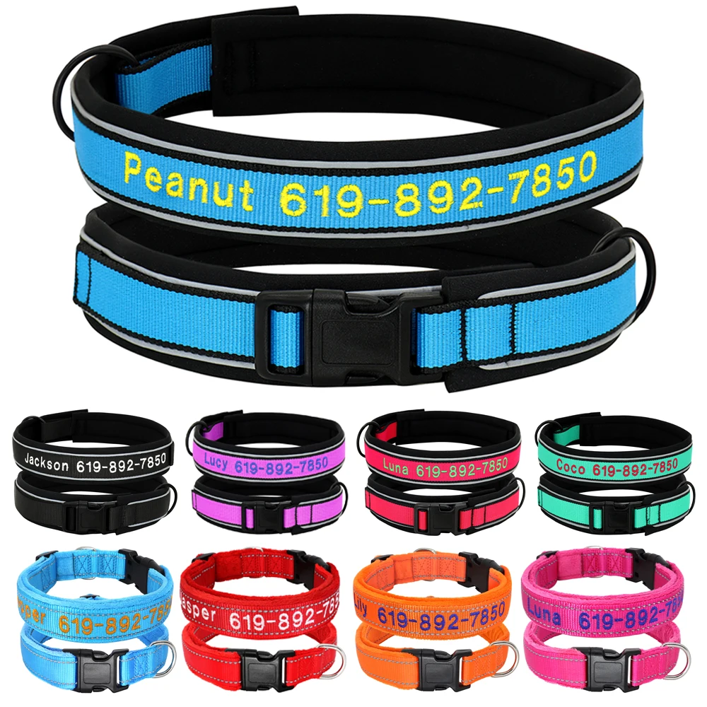 Collar de perro bordado personalizado, nailon reflectante, accesorios de nombre de identificación personalizado, collares acolchados para mascotas para perros pequeños, medianos y grandes