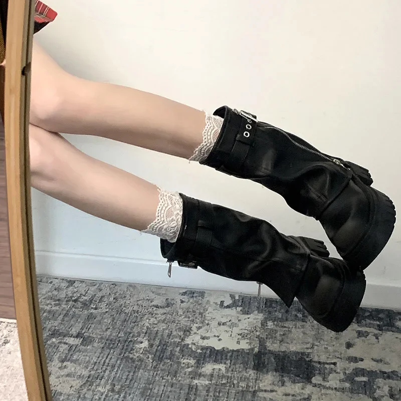 Botas de motociclista de invierno para mujer, botines planos de plataforma elegantes con hebilla de cinturón a la moda, botines de caballero informales para mujer