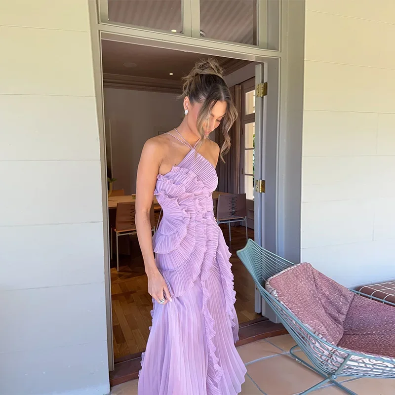 Vestido de noche elegante con tirantes y volantes, vestido de fiesta Sexy con pliegues sólidos y cordones y espalda descubierta, novedad de 2025, bata Y2k para fiesta y vacaciones