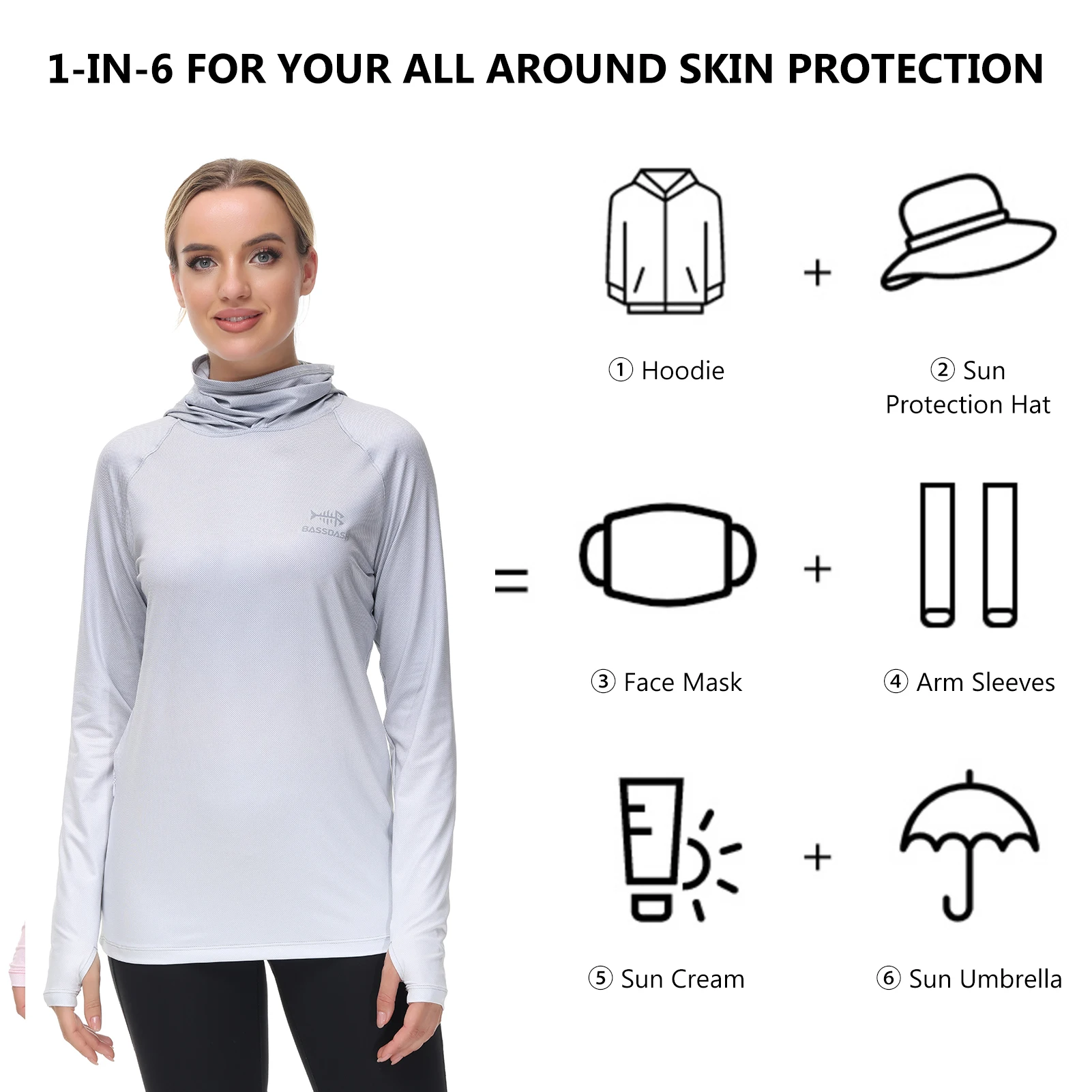 Bassdash-Sudadera con capucha de pesca para mujer, camisa con máscara facial, agujeros para el pulgar, UPF 50 +, FS23W