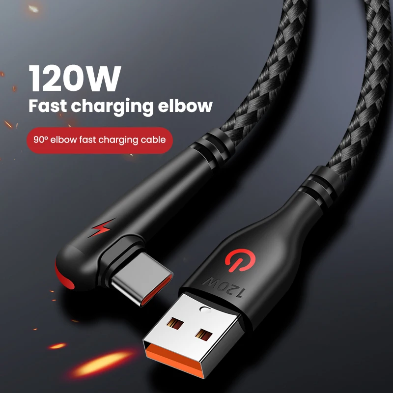 120W USB a cable tipo C 90 grados codo teléfono móvil carga rápida para Huawei Mate 40 30 Xiaomi Samsung Teléfono Cable de carga