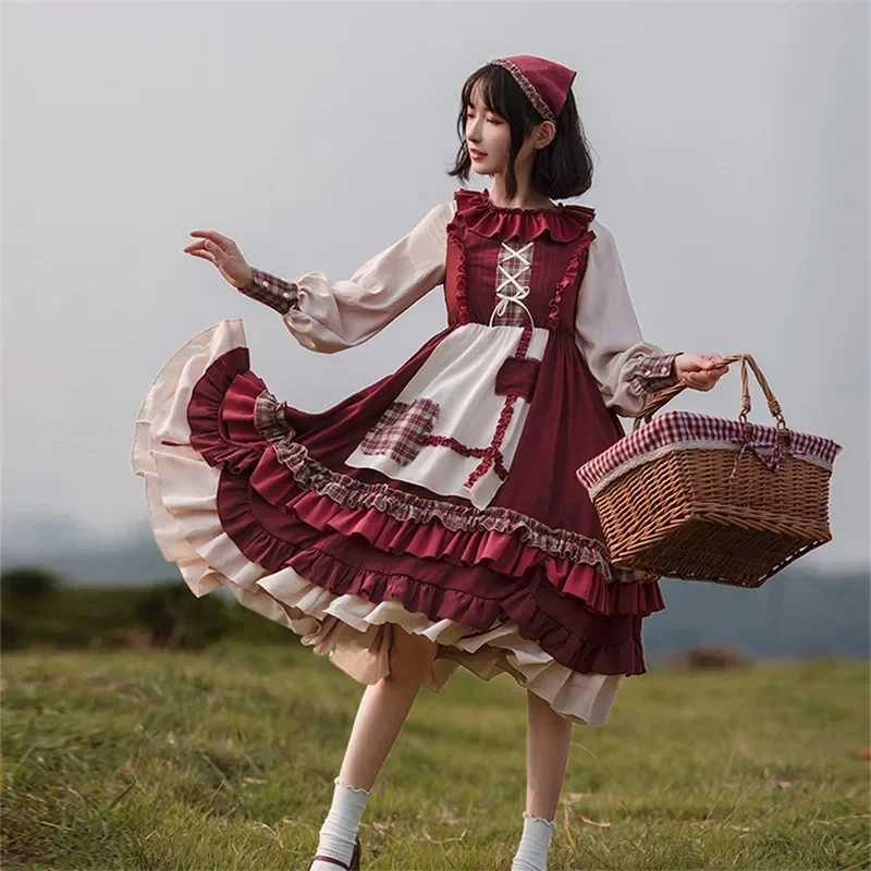 2025 caliente dulce chica Lolita vestido de mujer Vintage Patchwork vestidos rojos con capa lindo femenino Bing Cosplay Caperucita Roja