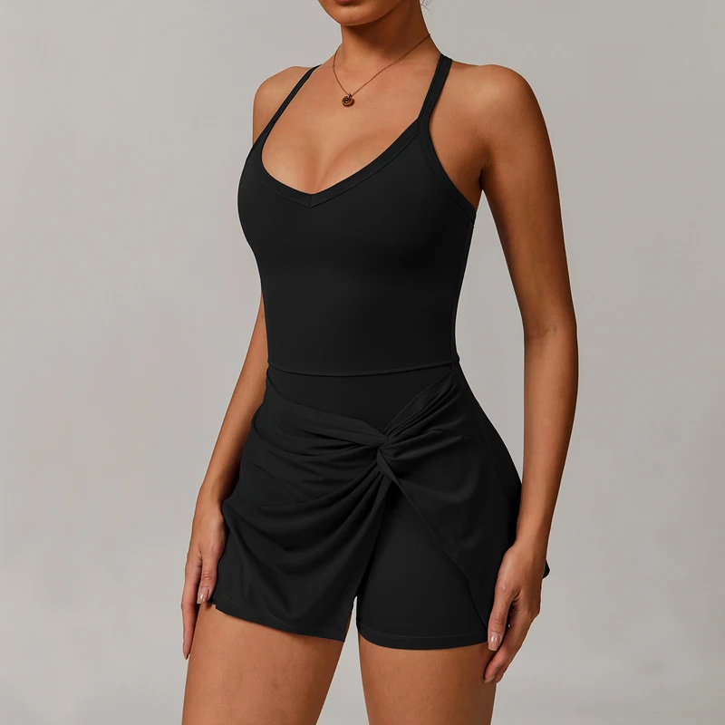 VITALINOVO Vestido de tenis para mujer con pantalones cortos debajo del vestido de entrenamiento con sujetador incorporado Vestidos deportivos con cuello en V profundo Vestido de golf