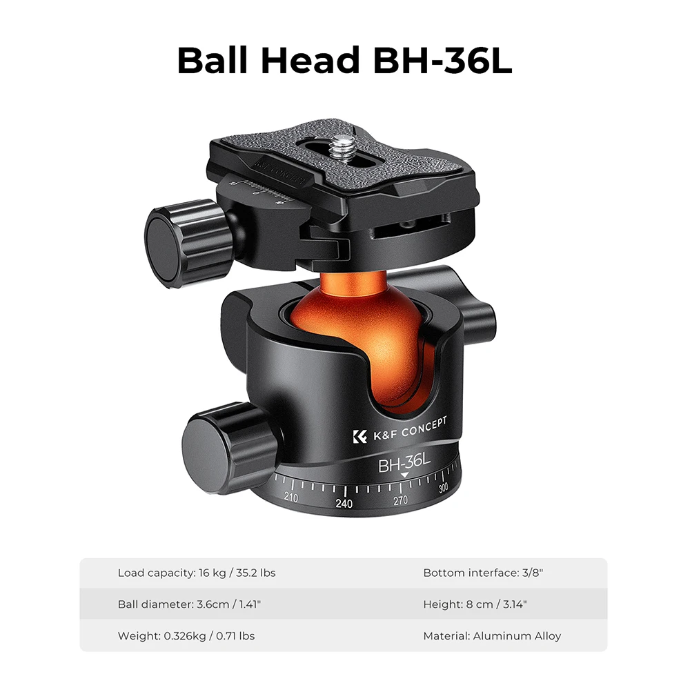 Adaptadores de cabezal esférico para trípodes K&F CONCEPT, cabezal esférico de 360 grados con liberación rápida de 1/4 de pulgada para trípodes DSLR, monopods y videocámaras.
