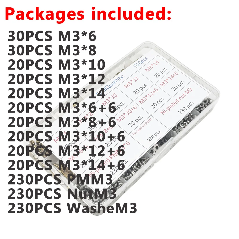 1 Juego de 910 Uds. Kit espaciador de latón 230 Uds PMM3 + 230 Uds NutM3 + WasheM3 tornillos espaciadores de latón de cabeza hexagonal rosca M3 Pilar PCB