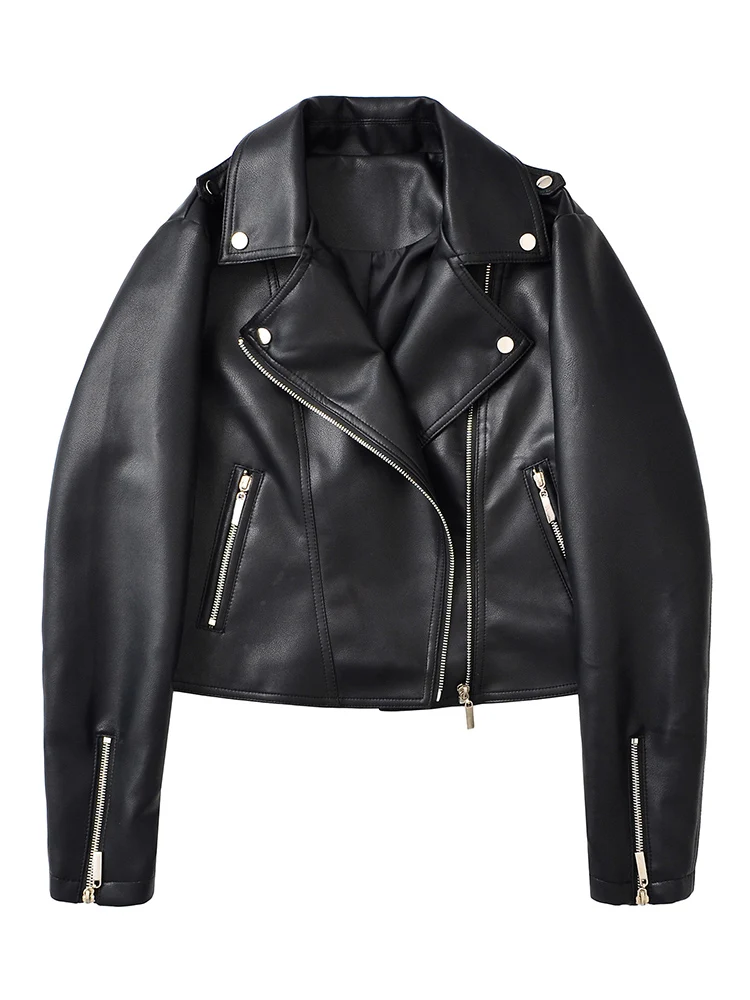 Ailegogo nueva primavera otoño Moto Biker chaqueta holgada de piel sintética negra ropa de calle mujer abrigo con cremallera prendas de vestir