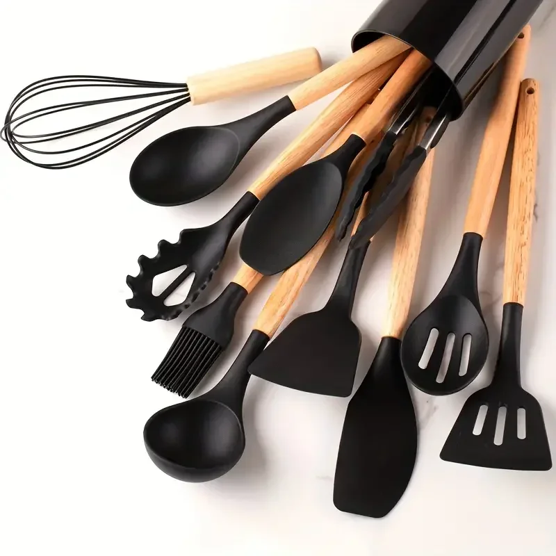 Juego de utensilios de cocina con mango de madera de silicona multicolor, juego de 12 piezas, olla antiadherente, espátula y cuchara, resistentes al calor