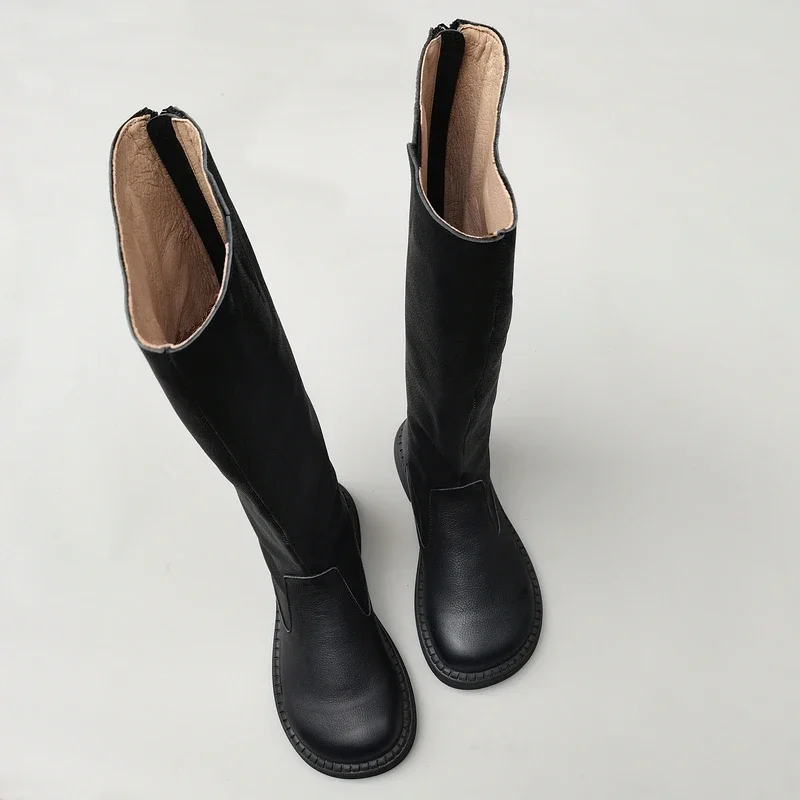 Careaymade-Botas de lana de invierno para mujer de edición ancha de cabeza grande de cuero genuino, botas individuales largas de caballero de cabeza redonda hechas a mano de piel de vaca