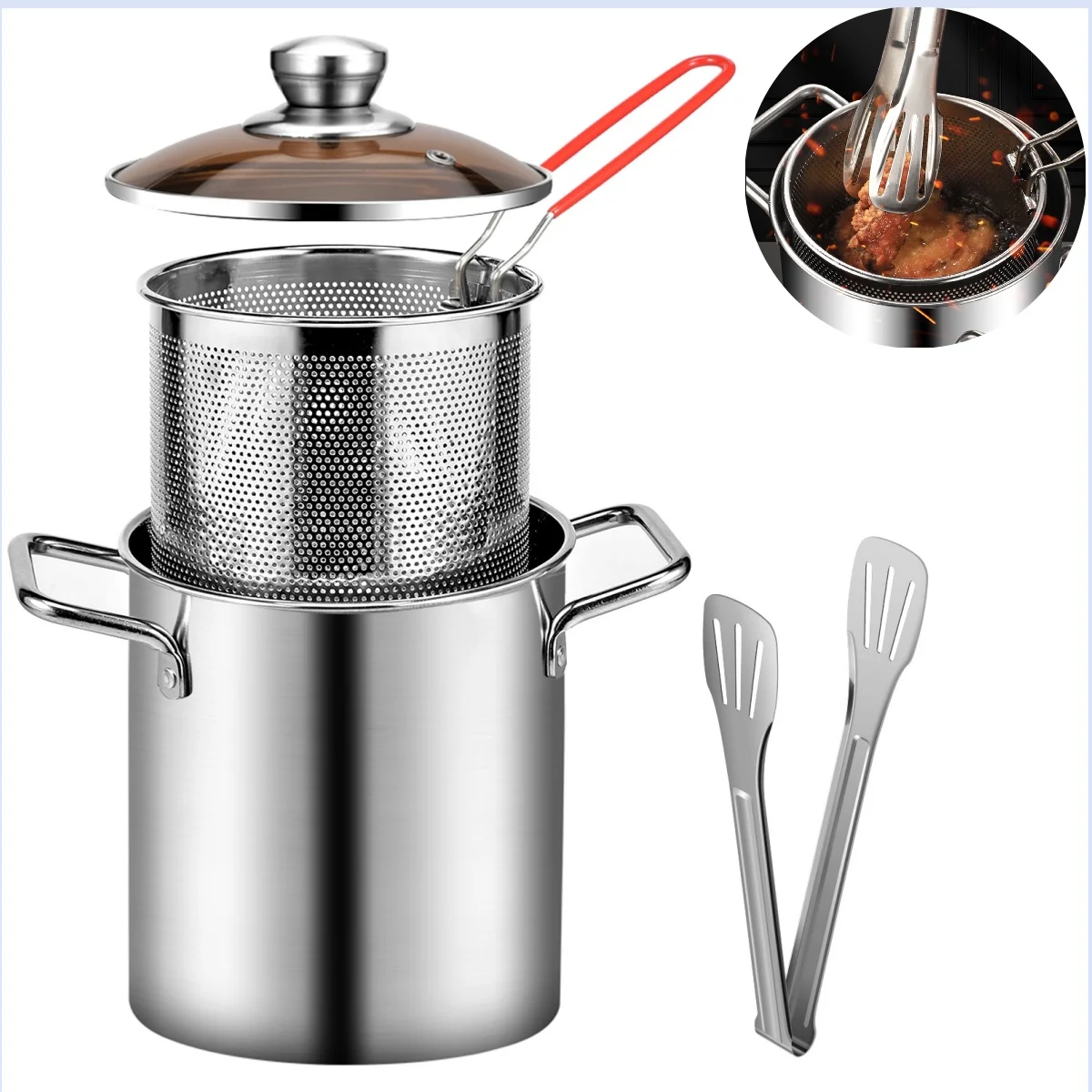 Olla para freidora de acero inoxidable 304, olla para freír con cesta y tapa, freidora de calidad alimentaria, olla para freír multifuncional de 3,2 cuartos