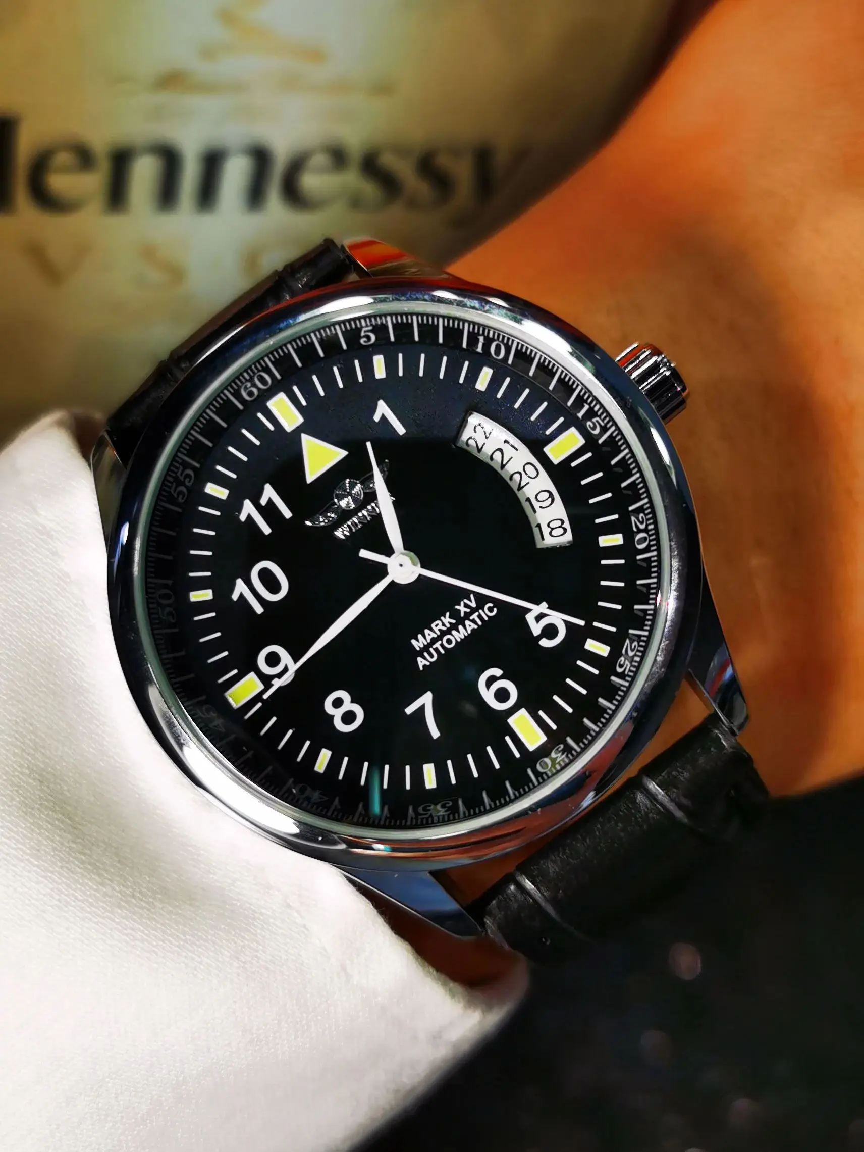 Reloj Automático de negocios WINNER para hombre, ventana con calendario, esfera negra a la moda, correa de cuero de moda, relojes mecánicos de marca de lujo