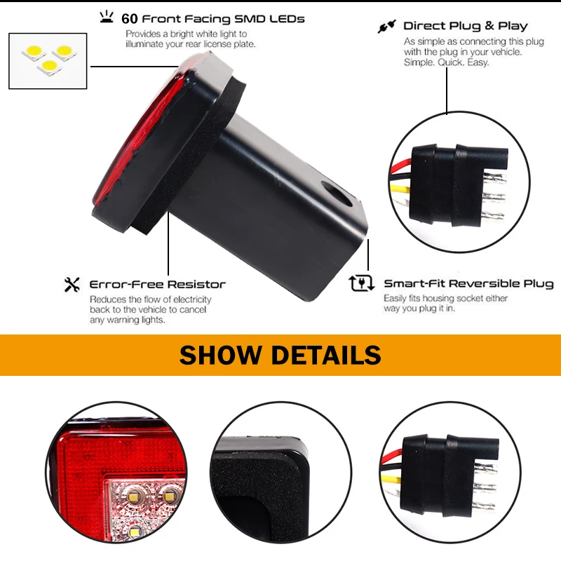 Luz trasera/freno de coche con camión SUV remolque clase 3/4/5 receptor de enganche de remolque de 2 pulgadas lámpara de freno roja, lámpara trasera, luz inversa blanca