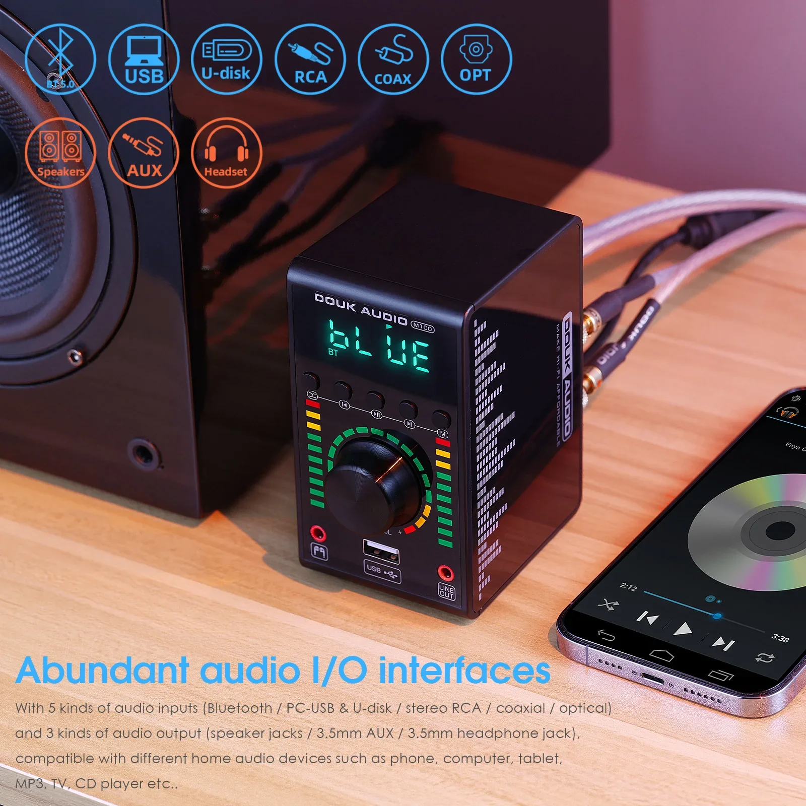 Douk Audio Mini amplificador Digital COAX/OPT integrado Bluetooth 5,0 Amp hogar/coche/amplificador de Audio marino reproductor USB 24B/192K