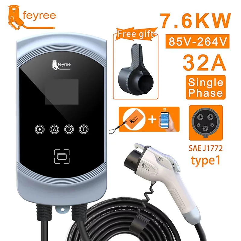 Cargador Feyree EV Tipo 1 EVSE Wallbox 32A 7.6KW 40A 9.6KW 50A 12KW Monofásico Adaptador J1772 Control por APP para Vehículo Eléctrico