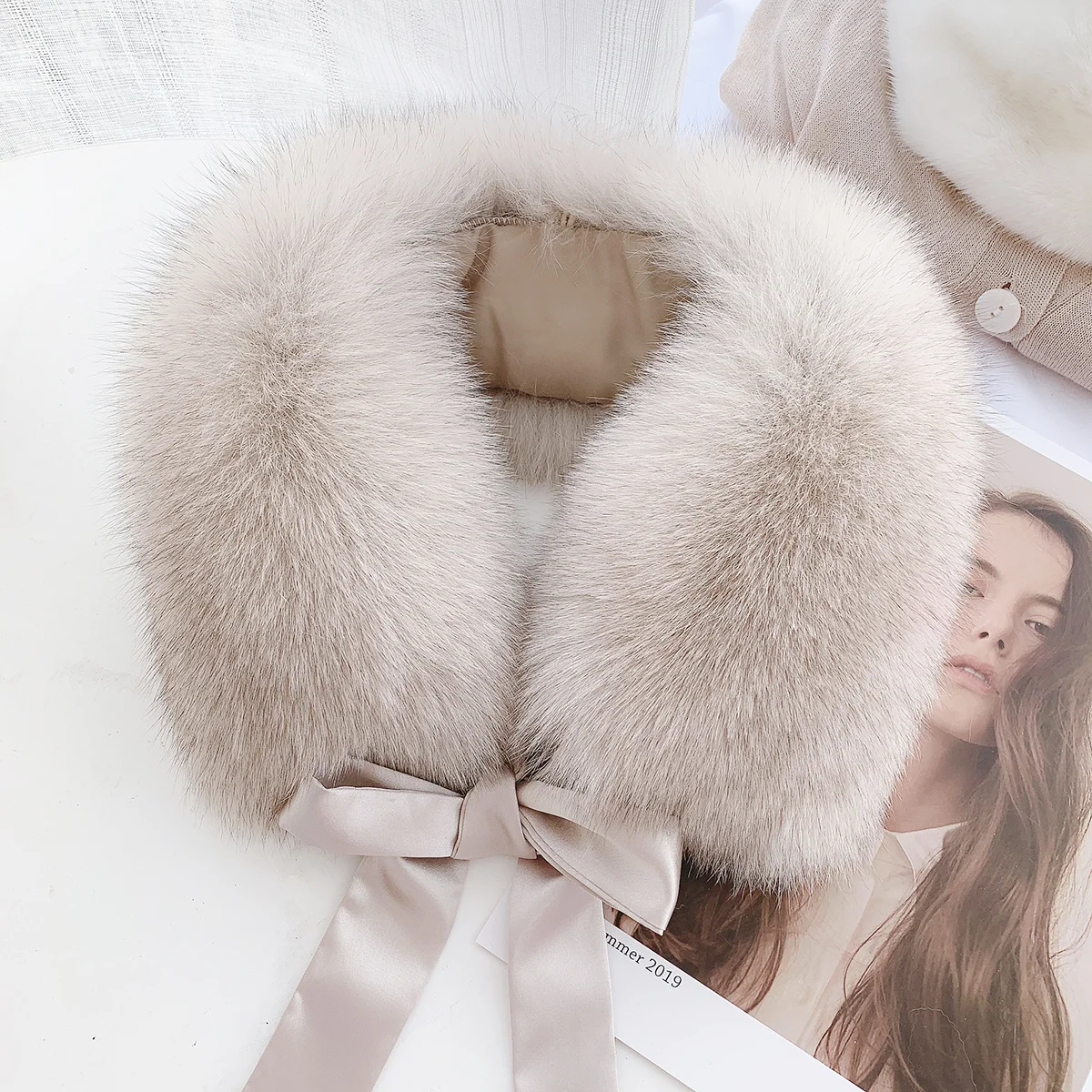 Cuello de piel de zorro Real con cinta, bufanda de piel de 100% para invierno para mujer, capuchas de piel Natural para abrigo, chaqueta, cuello extraíble cálido a la moda