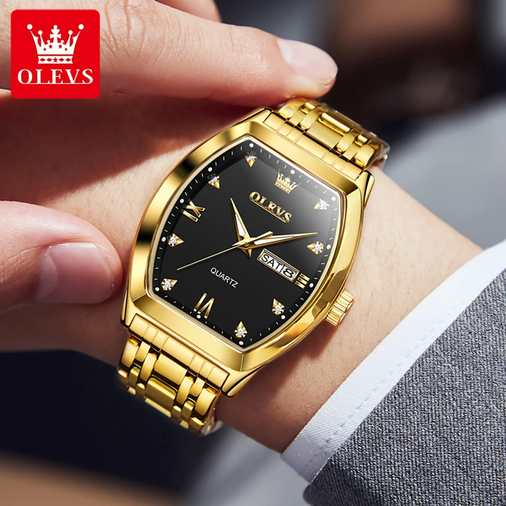 Relojes OLEVS para hombre, reloj de cuarzo Original Tonneau de lujo de la mejor marca para hombre, reloj de pulsera luminoso resistente al agua con fecha semanal para hombre