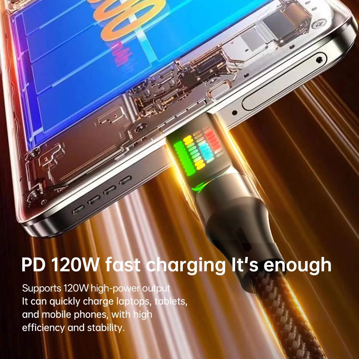 NNBILI 120W tipo C Cable de carga rápida 6A USB A a tipo C Cable de datos de nailon para Huawei Xiaomi Samsung con pantalla Led Cable USB C