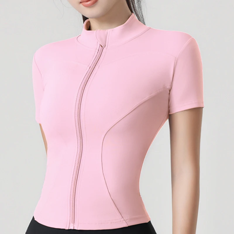 Chaqueta de Yoga para Mujer, Chaqueta Deportiva Ajustada de Manga Corta con Cuello Alto, Chaqueta Deportiva Elástica de Manga Corta para Fitness