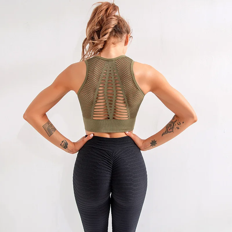 Sujetadores deportivos de malla sin costuras para mujer, ropa interior para Fitness, gimnasio, correr, sujetador a prueba de golpes, Top corto inalámbrico, sujetadores de Yoga transpirables de Color sólido