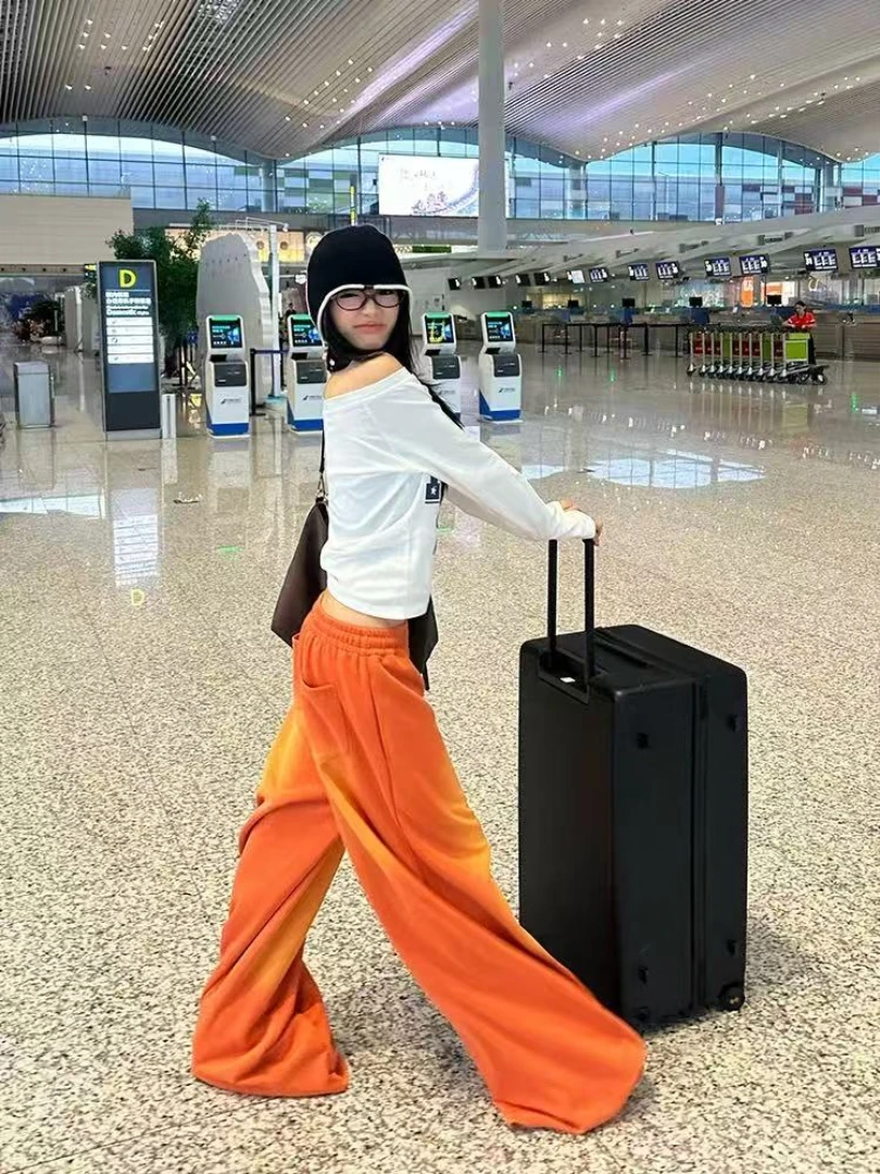 NUOMICI, pantalones vaqueros para mujer, naranja, cintura media baja, lavados, Retro, pierna ancha, sueltos, deportivos, Kpop, Hip-hop, pantalones de calle, pantalones de moda para mujer