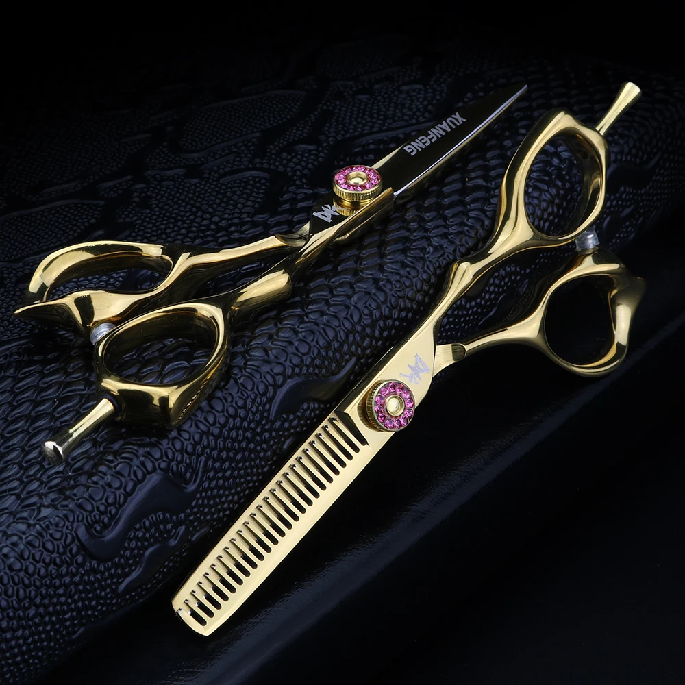 XUANFENG Tijeras de pelo doradas de 5 pulgadas Tijeras de corte de peluquero y tijeras de adelgazamiento
