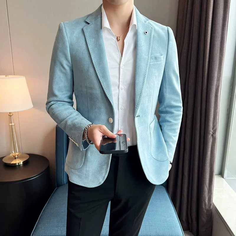 Nuevo abrigo de traje de moda para hombre, chaqueta de lujo elegante de terciopelo de piel de venado ajustada, abrigo informal de negocios para boda, traje de talla grande 4XL-S