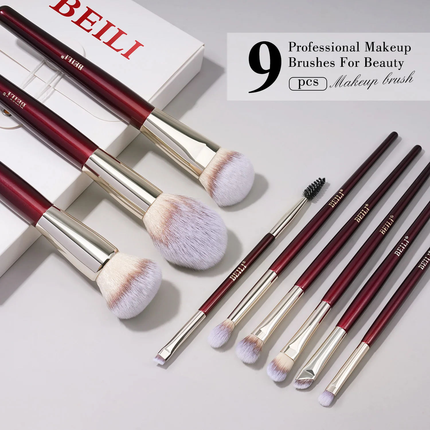 Brochas de Maquillaje BEILI, Juego de 9 Brochas Profesionales de Maquillaje, Brochas Sintéticas Premium para Base, Polvo, Rubor y Sombra de Ojos, Suaves