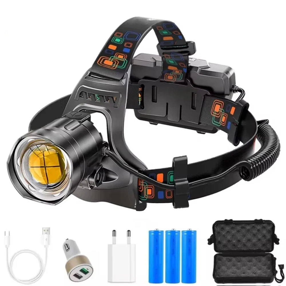 Potente linterna frontal Led XHP100 con zoom, recargable por USB, de alta potencia, salida impermeable, linterna frontal superbrillante 18650
