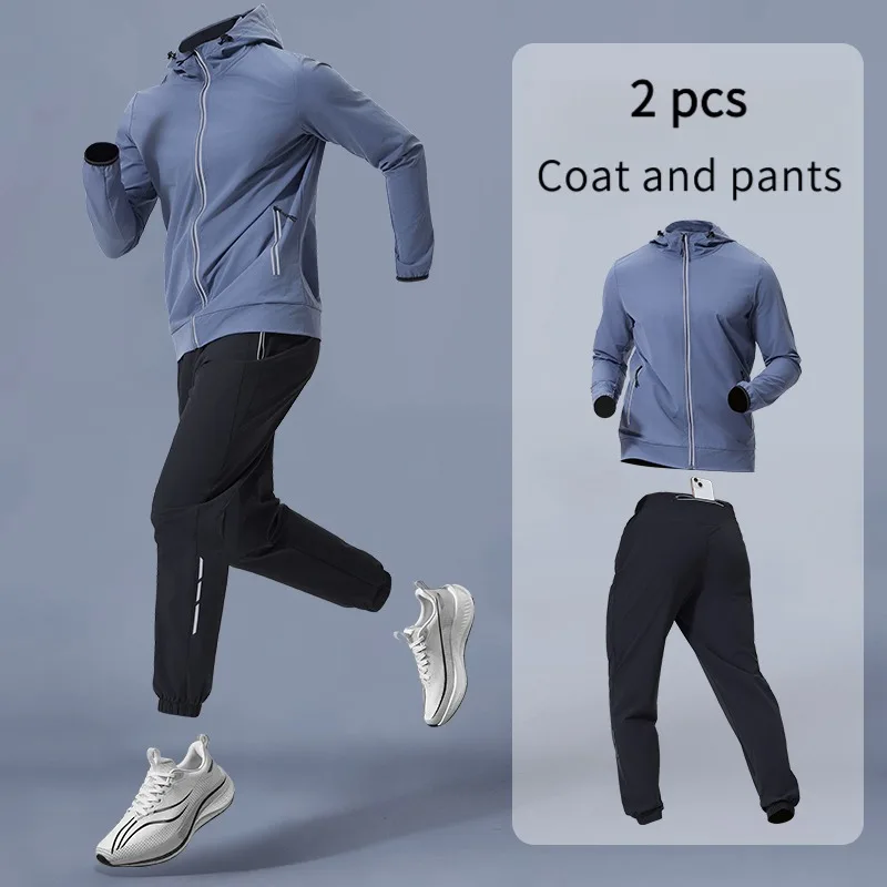 Conjunto de ropa deportiva para hombre con capucha, equipo de entrenamiento, chaqueta y pantalones transpirables, traje de Fitness para ropa de ejercicio cómoda