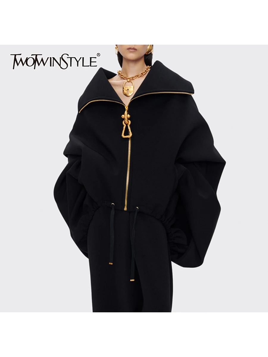 TWOTWINSTYLE, chaquetas de moda holgadas con cremallera empalmada para mujer, solapa de manga larga, chaqueta informal con cordones de retazos para mujer, nueva