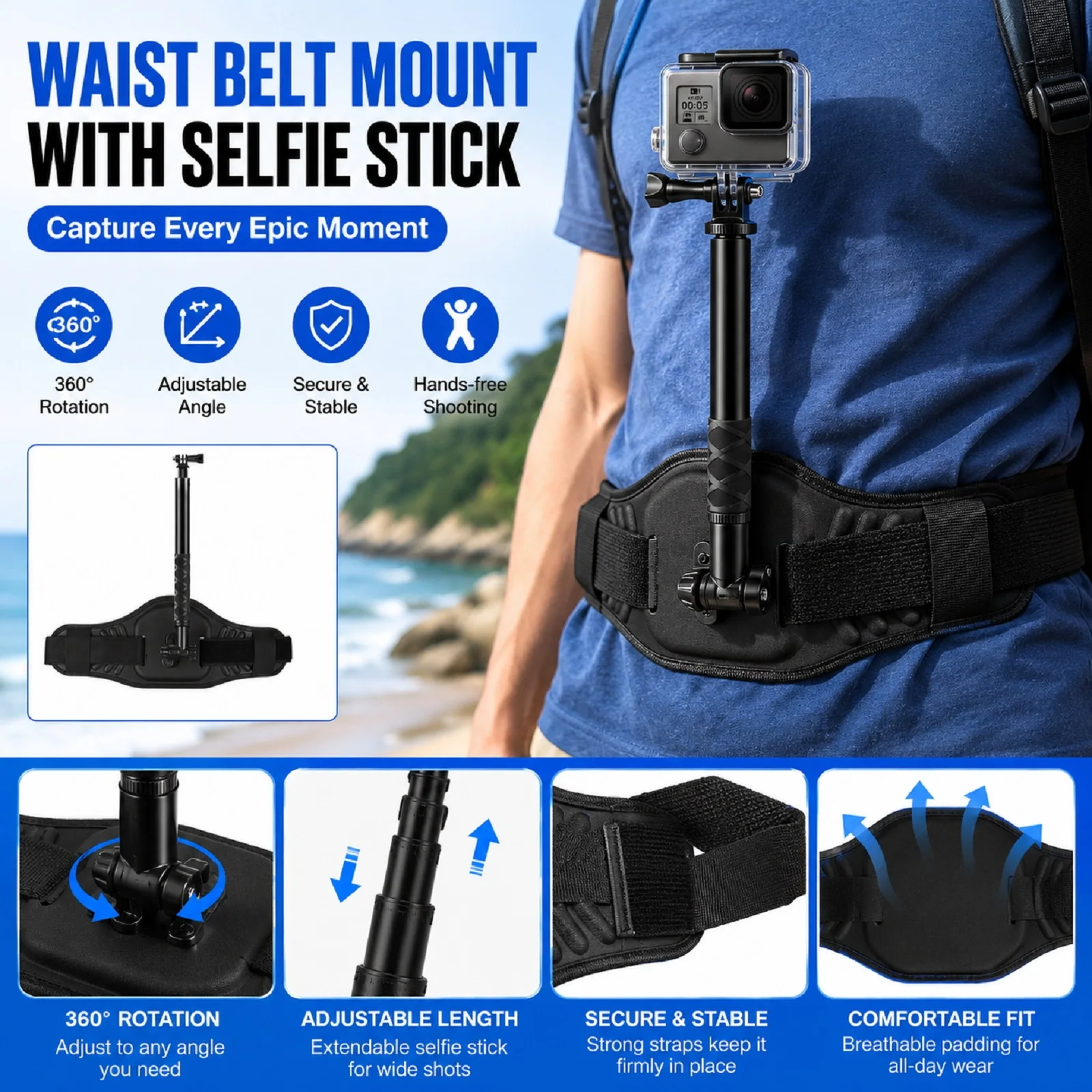 Correa de cintura PULUZ y monopod para selfies para GoPro MISSION 1/1 Pro/Insta360 X4/DJI Osmo 360/ Ricoh y cámaras panorámicas