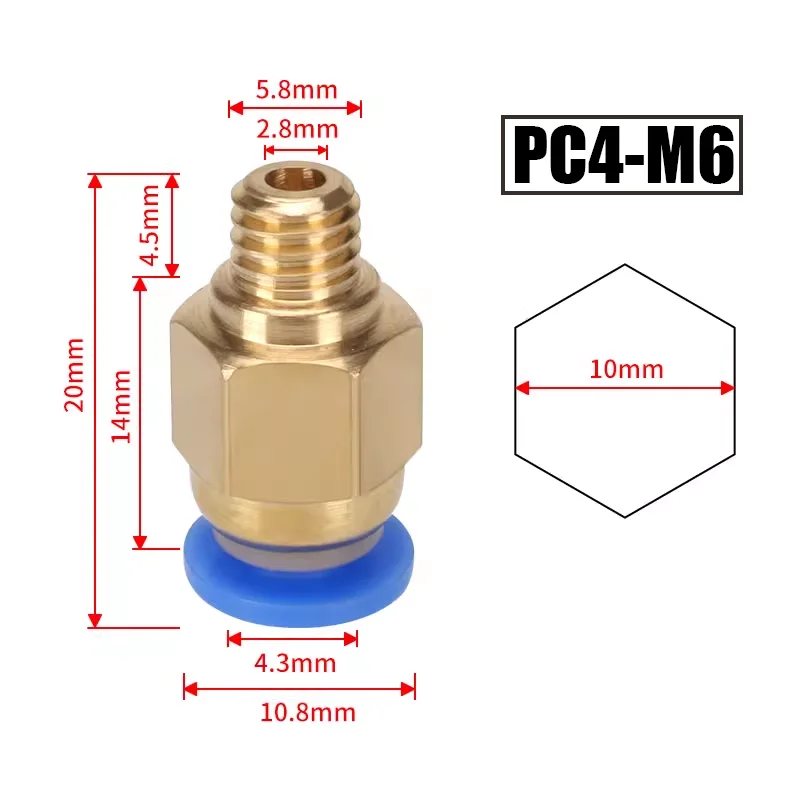 10 piezas/lote Conectores Neumáticos PC4-M10 para Impresoras 3D, Acoplador Rápido Bowden para Tubos de 1.75/3mm, Accesorios PC4M6 para Tubo PTFE