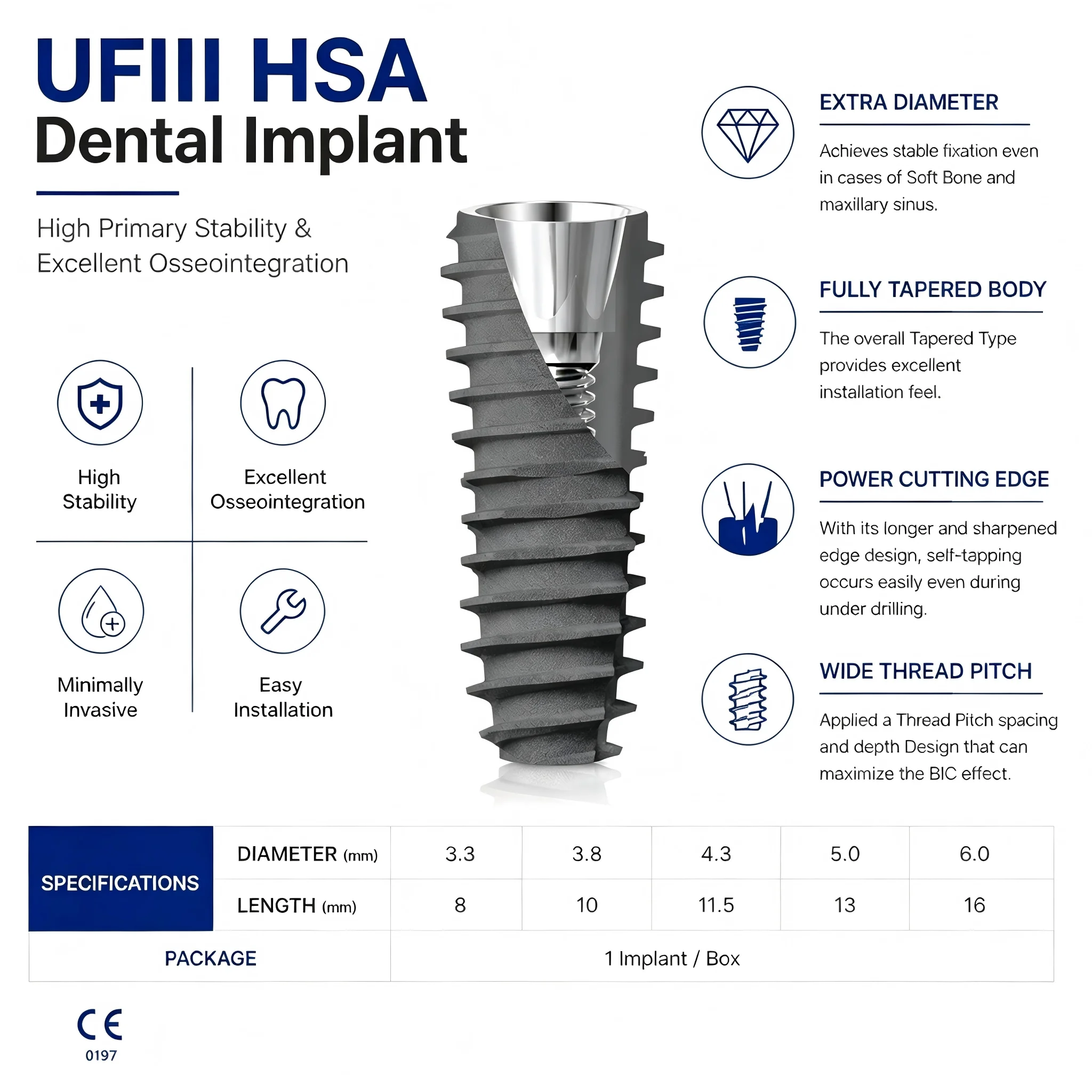 Implante Dental DIO UFIII HSA, Tipo Hexagonal Interno Sumergido, Grado 4, Titanio, Superficie SLA, para Cirugía Dental