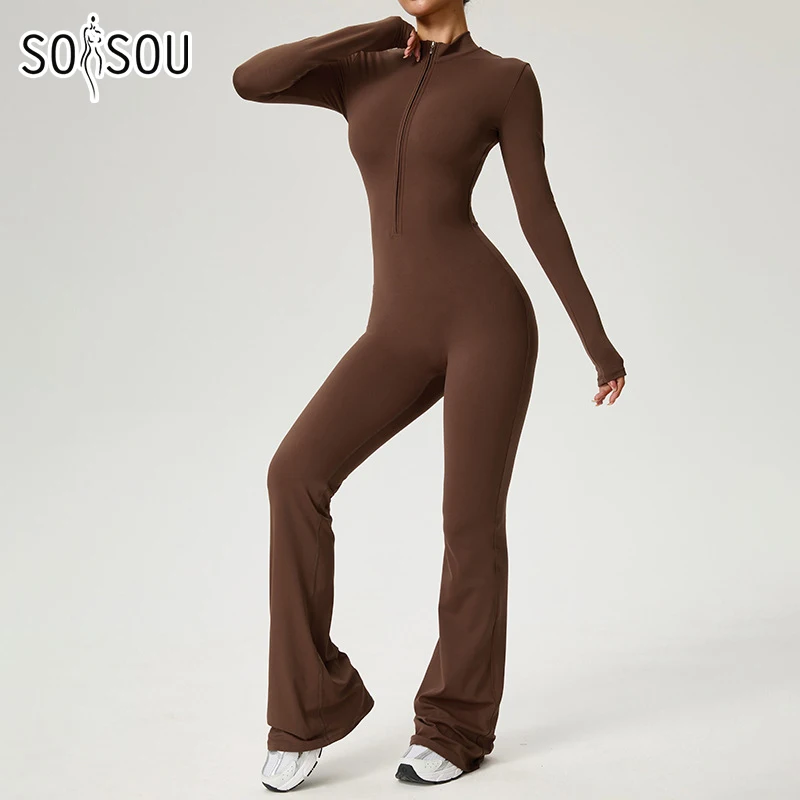 Nuevo Mono con Cremallera y Pantalones Acampanados, Ropa Deportiva para Mujer, Conjuntos Deportivos de Yoga y Gimnasio, Conjuntos de Entrenamiento de Spandex y Nailon, Chándal para Mujer