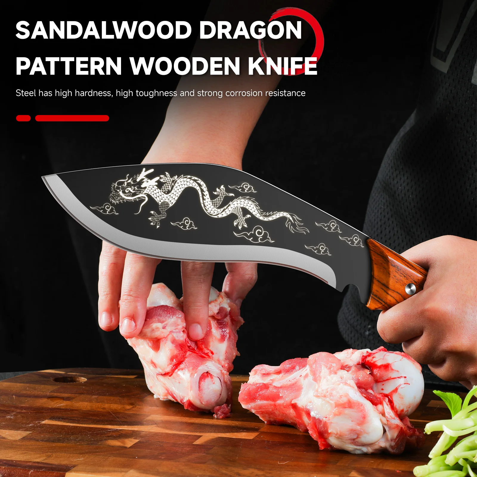 Stainless Steel Dragon Flower Pattern Chopping Meat Cleaver Hand Forged Kitchen Knife Wooden Handle Butcher Knife