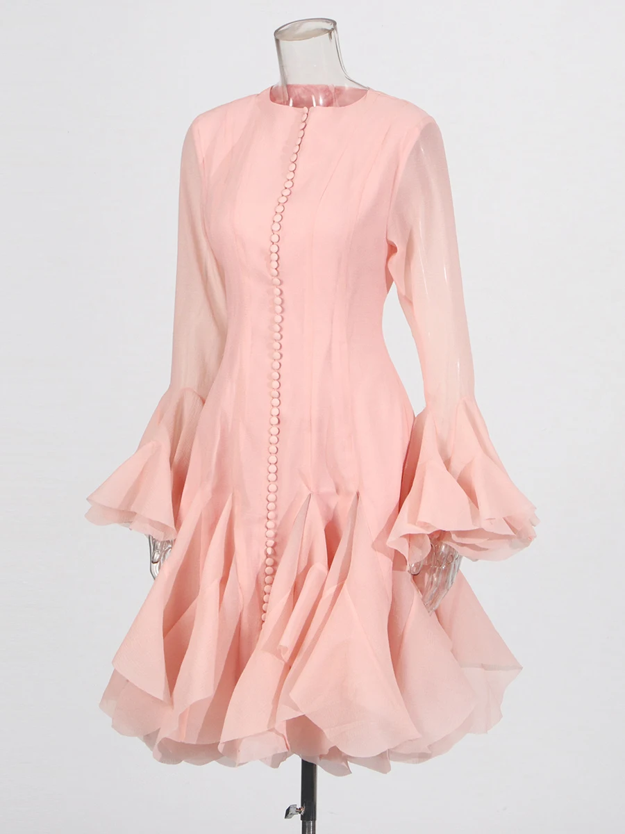 TWOTWINSTYLE, vestidos adelgazantes lisos con botones empalmados para mujer, cuello redondo, manga larga, cintura alta, volantes de retazos, moda femenina nueva
