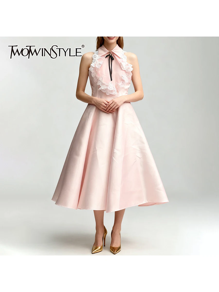 TWOTWINSTYLE, vestidos largos elegantes adelgazantes de encaje empalmado para mujer, vestido sin mangas con solapa de cintura alta con lazo de retales, vestido femenino nuevo