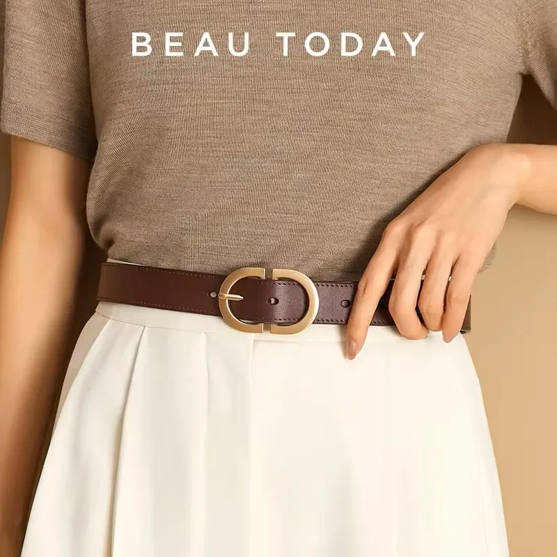 BEAUTODAY-Cinturón de cuero genuino de vaca para mujer, hebilla ovalada de Metal, Retro, sencillo, sólido, para Vaqueros, vestido, pretina hecha a mano, 91012
